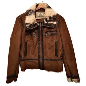 Vintage Steve Madden Women 90's Brown Genuine Leather & Fur Bomber Jacket Size L